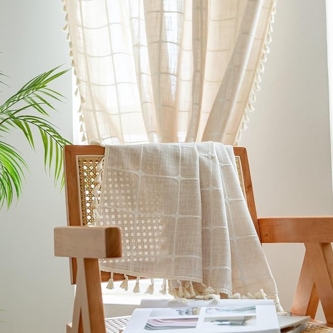 Sutuo Home Boho Curtains for Kitchen Bedroom Kid's Room 63 Inch Length,Bohemian Farmhouse Vintage Chic with Tassels Linen Country Window Treatment Drape, 1 Panel 52" W x 63" L, Light Coffee Plaids