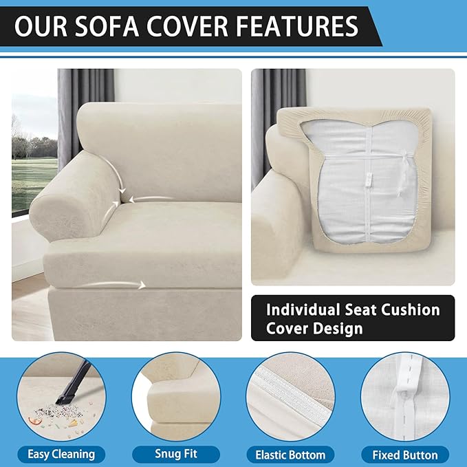 4-Pieces T Cushion Sofa Slipcovers Leather Look Couch Cover for 3 Cushion Couch Furniture Protector Stretch Sofa Cover with 3 Individual T Cushion Seat Covers Washable, Ivory