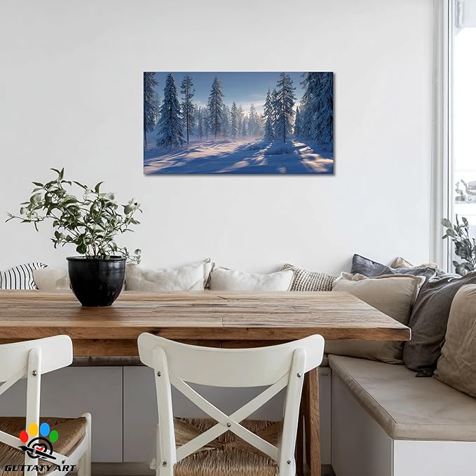 GUTTATY Christmas Winter Scene Canvas Wall Art, Snowy Forest Wall Decor, Serene Pine Tree Canvas Painting, Peaceful Pictures for Living Room, Bedroom, Office, Holiday Decoration, 40x20 Inch