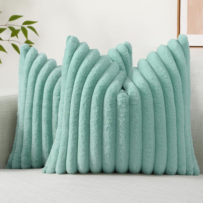 decorUhome Faux Fur Christmas Throw Pillow Covers 18x18 Set of 2, Decorative Soft Plush Striped Neutral Couch Euro Pillow Covers with Velvet Back for Sofa, Bed, Living Room Home Decor, Aqua