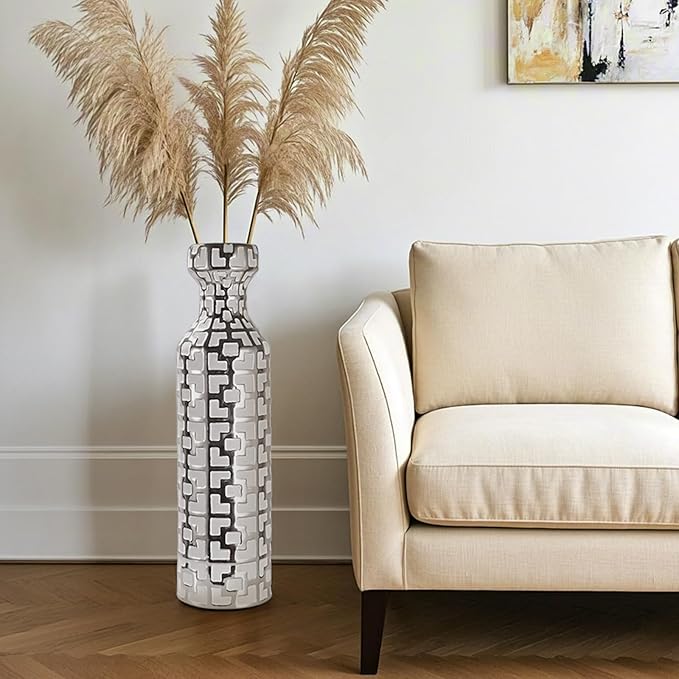 24.4 Inch Tall Floor Vase - Ceramics Black Ceramic with Silver Geometric Patterns, Large Cylinder Vases, Modern Home Decor for Living Room, Entryway, or Indoor Spaces