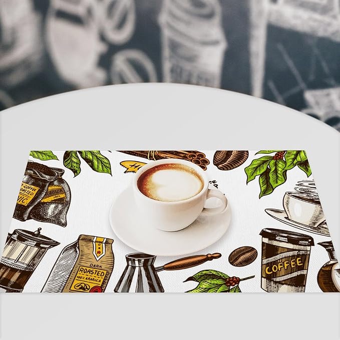 Coffee Time Placemat Set of 6, 12x18 Inch Rustic Coffee Cup Theme Beans Retro Vintage Farmhouse Washable Heat Resistant Table Mats for Outdoor Farmhouse Kitchen Dining Decor