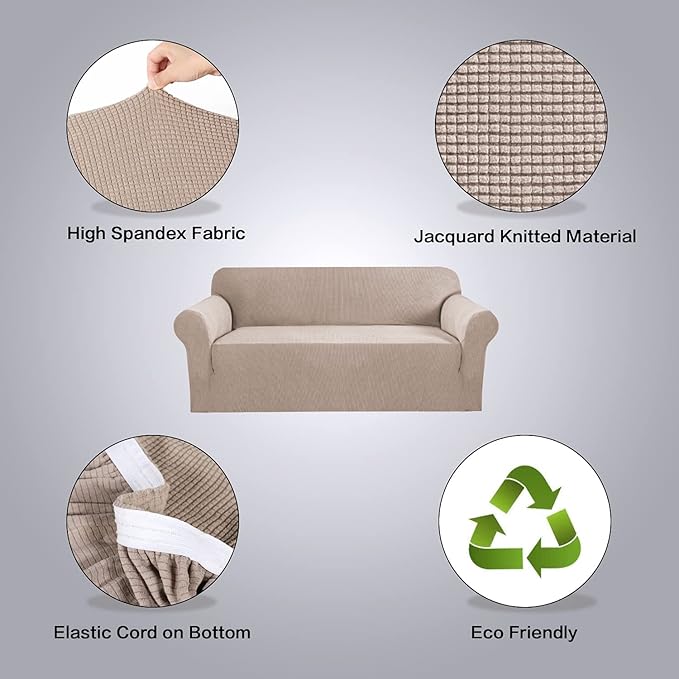 H.VERSAILTEX Stretch Extra Large Sofa Covers Sofa Slipcovers for Living Room Feature Thick Checked Jacquard Fabric with Elastic Bottom, Sofa X-Large - Sand