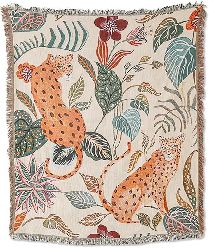 Double-Sided Cotton Woven Throw Blanket with Tassel Jungle Bohemian Style Tapestry Shawl Multi-Function Decorative Throws for Sofa Bed Armchair Camping Blanket Tablecloth Carpet 160x130cm
