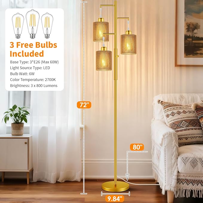 Hotsonic 72" Tall Boho Floor Lamp, Dimmable Standing Lamp with Handcrafted Rattan Brown Shade, Industrial Tree Floor Lamps for Living Room, Bedroom, Study Room, Office(3x800LM LED Bulbs Included)-Gold