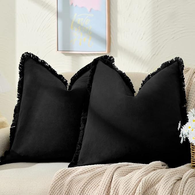 ZWJD Pillow Covers 16x16 Set of 2 Black Throw Pillow Covers with Fringe Chic Cotton Decorative Pillows Square Cushion Covers for Sofa Couch Bed Living Room Farmhouse Boho Decor