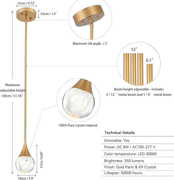 2-Pendant Lights Kitchen Island, Painted Gold Globe Crystal Ceiling Hanging Light Fxitures, LED Light Fixtures Metal Rod Ceiling Glass Pendant Lighting for Kitchen Island Dining Room Bar