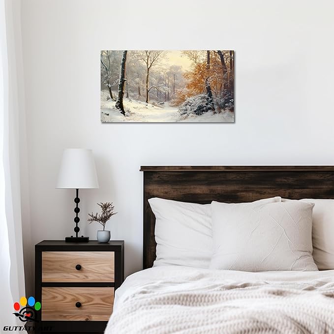 GUTTATY Christmas Winter Scene Canvas Wall Art, Snowy Forest Wall Painting, Warm Light Tree Poster, Winter Canvas Prints for Living Room, Holiday Wall Decor, Hanging Pictures for Bedroom, 16x8 Inch