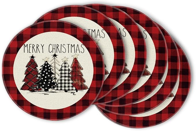 Artoid Mode Watercolor Red and Black Buffalo Plaid Christmas Trees Merry Xmas Round Placemats Set of 6, 14 Inch Winter Round Table Mats for Dining Decoration