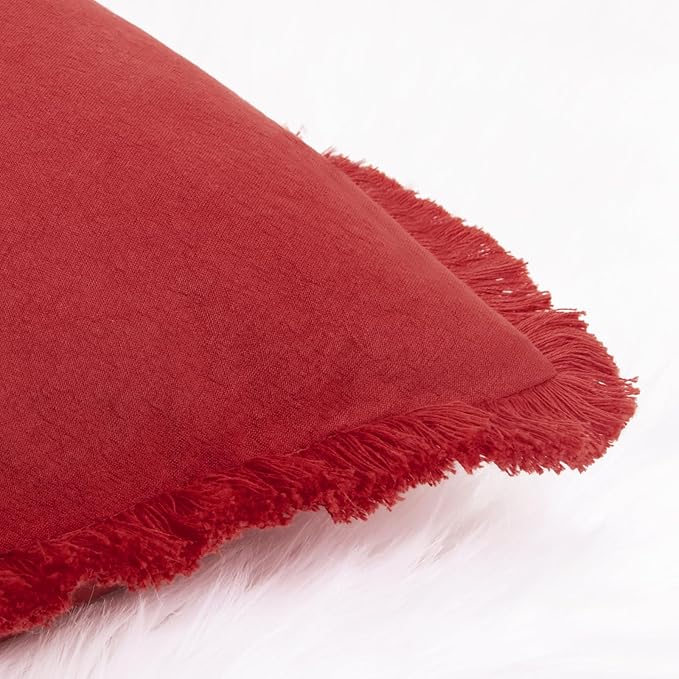 ZWJD Christmas Pillow Covers 20x20 Set of 2 Christmas Red Throw Pillow Covers with Fringe Chic Cotton Christmas Decorative Pillows Square Cushion Covers for Sofa Couch Bed Living Room Farmhouse Decor