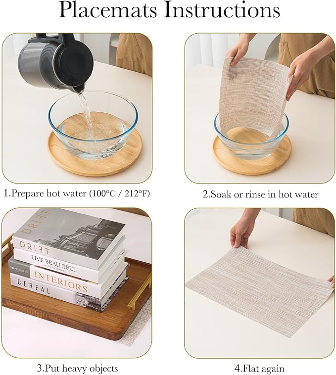 BACKTOEDEN Placemats Set of 8 Heat Resistant Washable Wipeable Placemat Woven Non-Slip Foldable Vinyl/Plastic Place Mats Indoor/Outdoor Mat Kitchen Dining Table Pad, Dark Gray Twill