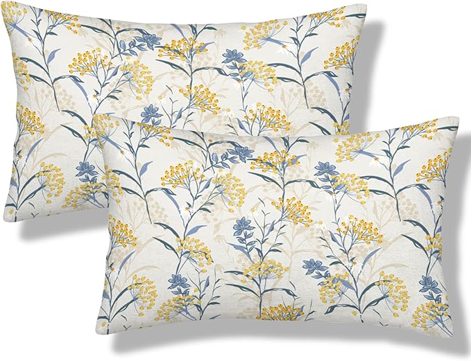 Spring Summer Seasonal Lumbar Pillow Covers 12x20 Inch Set of 2 Watercolor Blue Yellow Flower Throw Pillow Cover Vintage Plant Floral Pillowcase Cushion Cases for Home Couch Bed Sofa