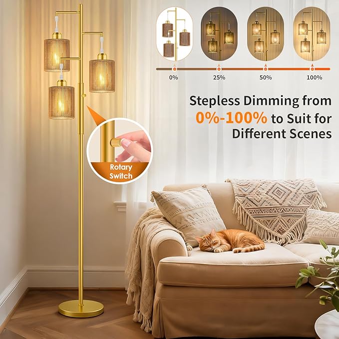 Hotsonic 72" Tall Boho Floor Lamp, Dimmable Standing Lamp with Handcrafted Rattan Brown Shade, Industrial Tree Floor Lamps for Living Room, Bedroom, Study Room, Office(3x800LM LED Bulbs Included)-Gold