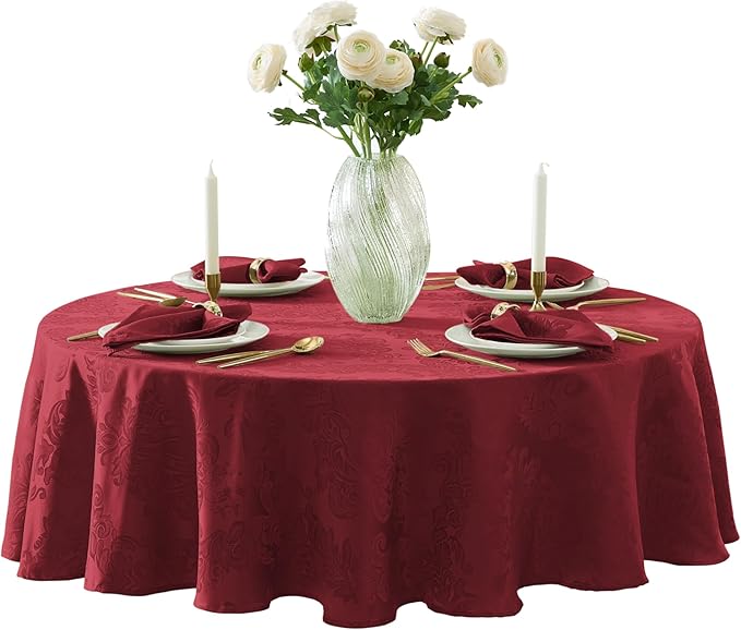 Newbridge Barcelona Damask Fabric Tablecloth, 70 Inch Round, Burgundy – No Iron, Soil Resistant Table Cover for Dining, Parties and Holidays