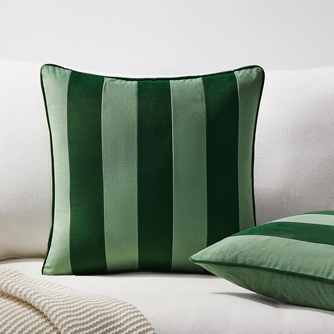 MONDAY MOOSE Decorative Throw Pillow Covers Cushion Cases, Set of 2 Soft Velvet Striped Piping Edge Designs, Pillow Inserts Not Included (Green/Light Green, 22x22 inch)