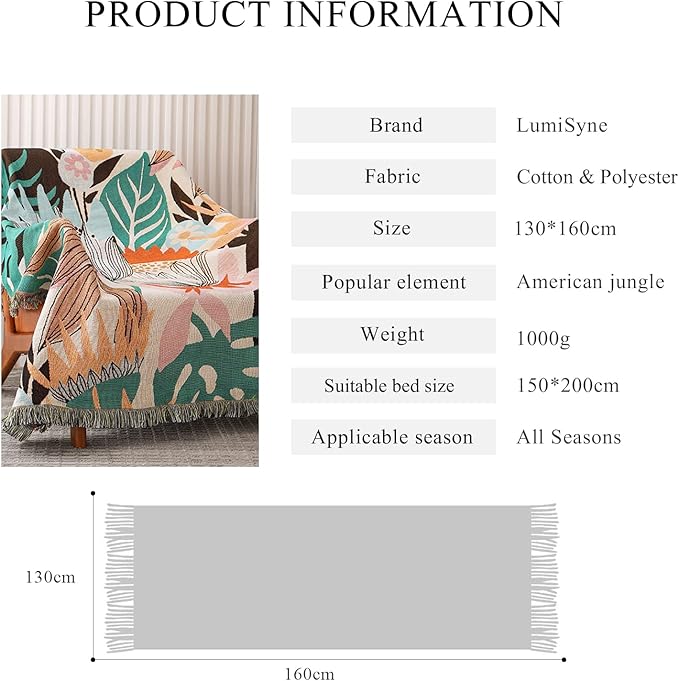 Double-Sided Cotton Woven Throw Blanket with Tassel Jungle Bohemian Style Tapestry Shawl Multi-Function Decorative Throws for Sofa Bed Armchair Camping Blanket Tablecloth Carpet 160x130cm