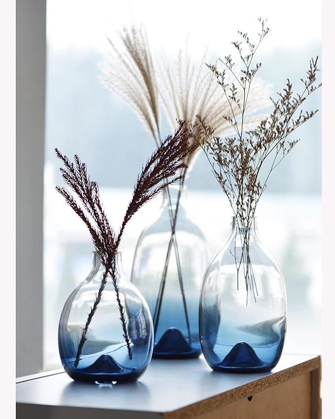 CONVIVA Glass Vase Set Modern Blue Glass Flower vases Decorative Large Home Decor Living Room Dinning Table,Wedding Party Event Tall Tabletop Set of 3