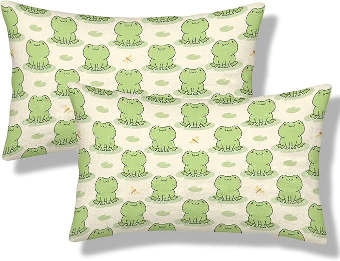 Frog Pattern Lumbar Pillow Covers 12x20 Inch Set of 2 Cute Frogs Throw Pillow Cover Funny Cartoon Animal Pillowcase Cushion Cases for Home Couch Bed Sofa