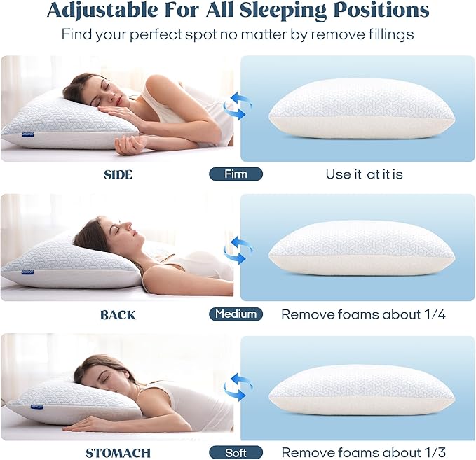 puredown® Cooling Shredded Memory Foam Pillows Standard Size Set of 2,Adjustable Foams Bed Pillow for Sleeping with Zipper Removable Pillow Cover，20x26In
