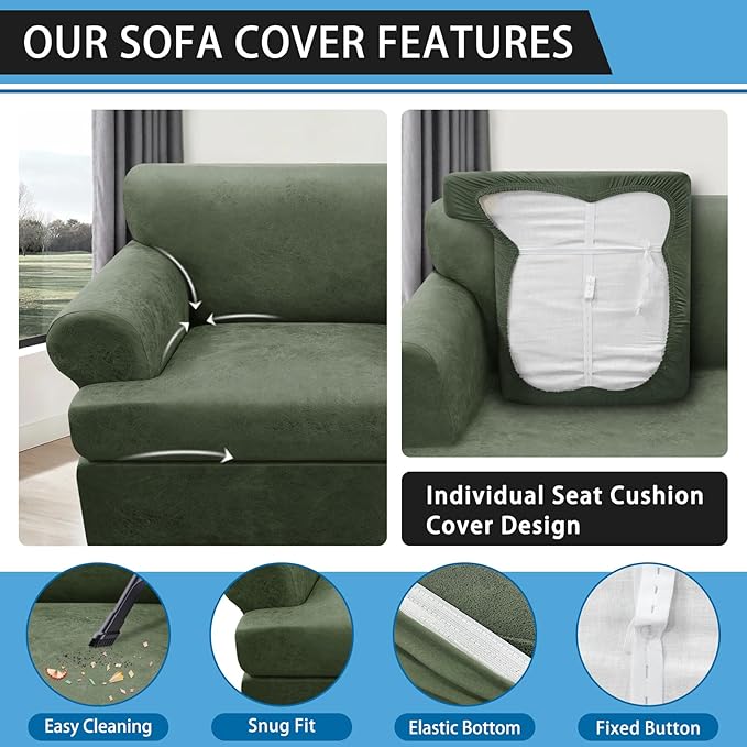 3-Pieces T Cushion Loveseat Slipcovers Leather Look Couch Cover Loveseat Covers for 2 Cushion Couch Furniture Protector Stretch Sofa Cover with 2 Individual T Cushion Seat Covers, Army Green