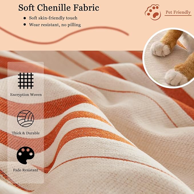 DREAMINGO Couch Cover -Striped Jacquard, Beige/Orange, Reversible Chenille Sofa Covers for Dogs Washable, Modern Furniture Protector Loveseat Slipcovers for Sectional, Tassel Edge, 71"x118"