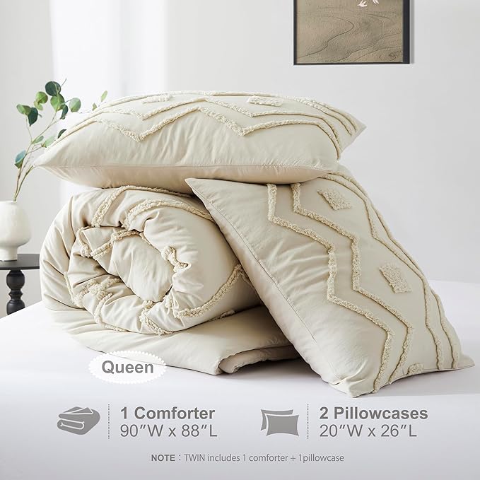 Oli Anderson Boho Tufted Comforter Set Queen Size, 3 Pcs Soft Jacquard Bedding Set for All Seasons, Shabby Chic Farmhouse Bedding Set with Comforters for All Seasons (Beige, Queen)