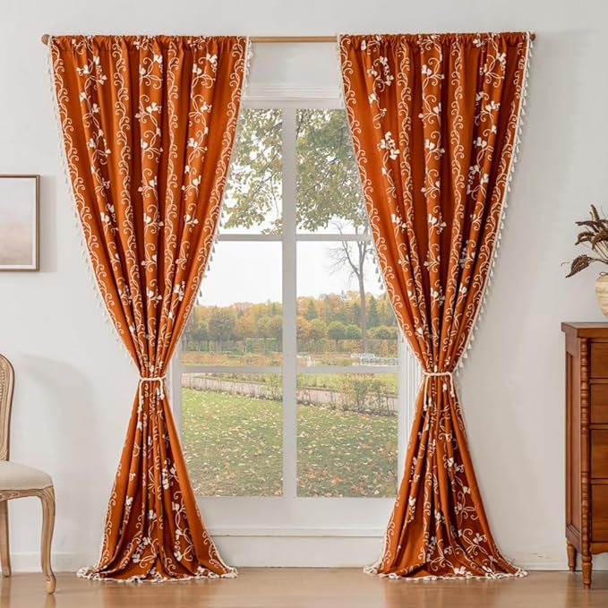 Burnt Orange Curtains Bohemian Farmhouse Curtains for Bedroom, Cotton Linen Blend Toile Curtain Printed Floral Terracotta Rustic Curtain Drapes 2 Panel 55" W x 63" L