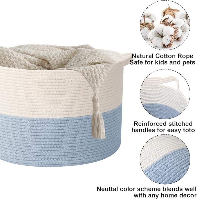 Large Blanket Basket for Organizing,115L Closet Organizers and Storage Bins Box for Shelves Woven Rope Storage Baskets,Living Room,Bedroom,Dorm,Laundry room (White&Blue)