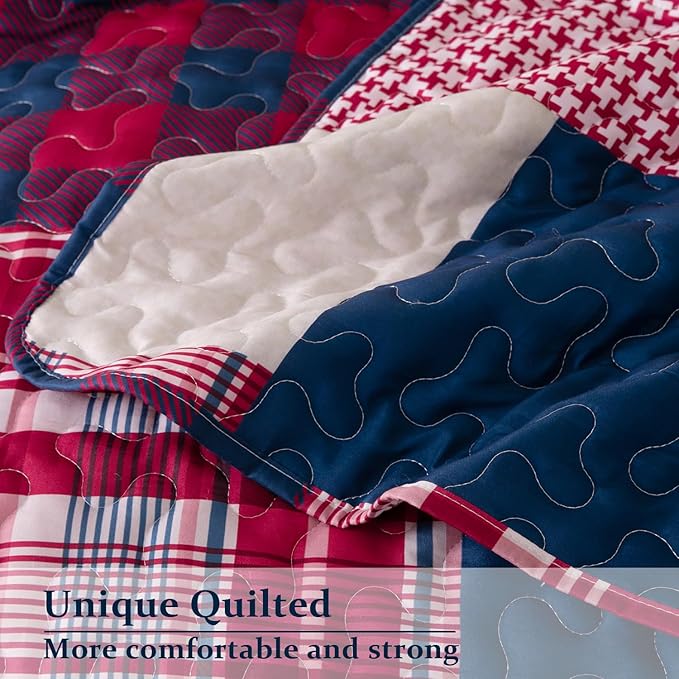 DURLENGEN White Quilt Set 3Pcs, Rustic Stonehurst Collection with Red & Navy & White Patchwork Pattern, All Season Lightweight Coverlet Sets(California King 112x104, Red Patchwork)