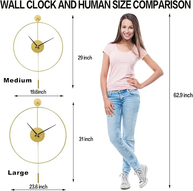 YISITEONE Classical Large Decorative Wall Clock with Pendulum, Modern Non-Ticking Silent Metal Wall Clocks for Living Room, Bedroom, Study, Office, 23.6" (Gold)