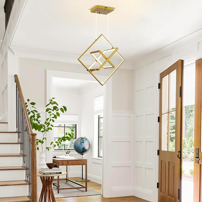 Modern LED Square Chandelier Gold LED Hanging Pendant Light with Remote Control Dimmable Contemporary Geometric Chandeliers Creative DIY Height Adjustable Lighting for Dining Room Entryway