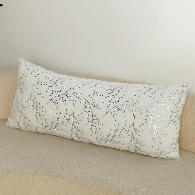 LIGICKY Decorative Long Lumbar Pillow Cover14x36inch Fluffy White Fur Pillow Coves Silver Branches Glitter Throw Pillows Soft Furry Sparkling Rectangle Cushion Cases for Sofa Bedroom Party Décor
