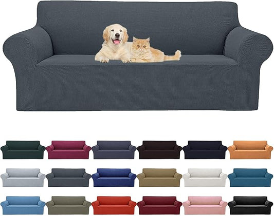 Cupuamon 2025 New Stretch Sofa Slipcovers Couch Cover for 3 Cushion Furniture Protector Sofa Covers with Elastic Bottom Jacquard Fabric Small Checks for Pets, Kids -Sofa, Grey