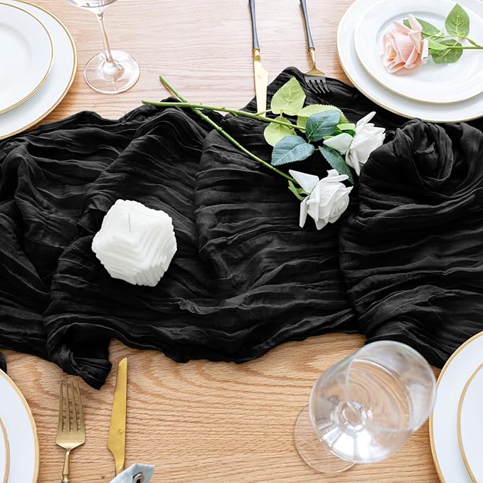 Wokceer Cheesecloth Table Runner Black 10FT Boho Gauze Christmas Cheese Cloth Table Runner for Party Long Rustic Sheer Table Runners for Baby Bridal Shower Wedding Easter Table Decor