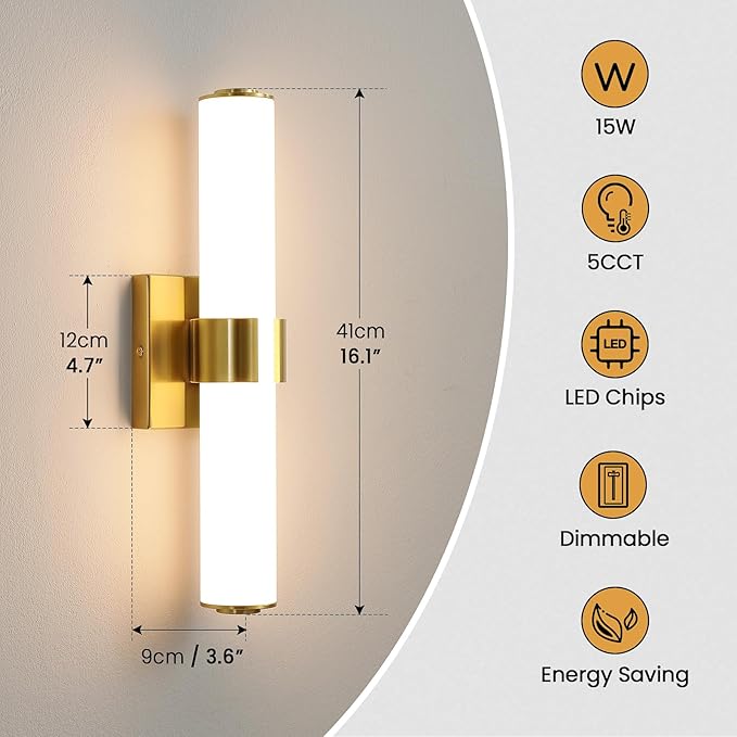 Gold Bathroom Light Fixtures - 16 Inch Modern Vanity Light 15W 5CCT Dimmable LED Bathroom Sconce with Acrylic Shade, Indoor Vanity Lighting Fixtures Over Mirror