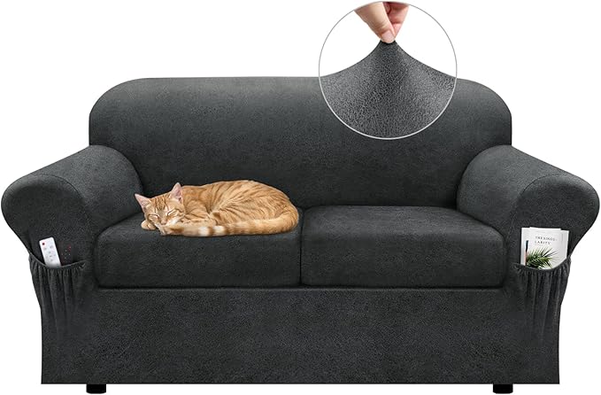 Loveseat Slipcover with Armrest Pockets 3-Piece Set, Stretch Faux Leather Love Seat Covers for 2-Cushion Couches(Fits 58-66") - Non-Slip, Machine Washable, Pet & Kid Friendly - Gray
