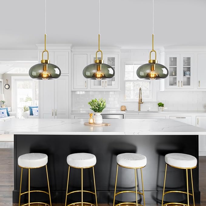 Gray Green Glass Pendant Lights Kitchen Island Gold Pendant Light Fixtures Adjustable Height Modern Pendant Lighting for Bedroom Dining Room (1-Pack)