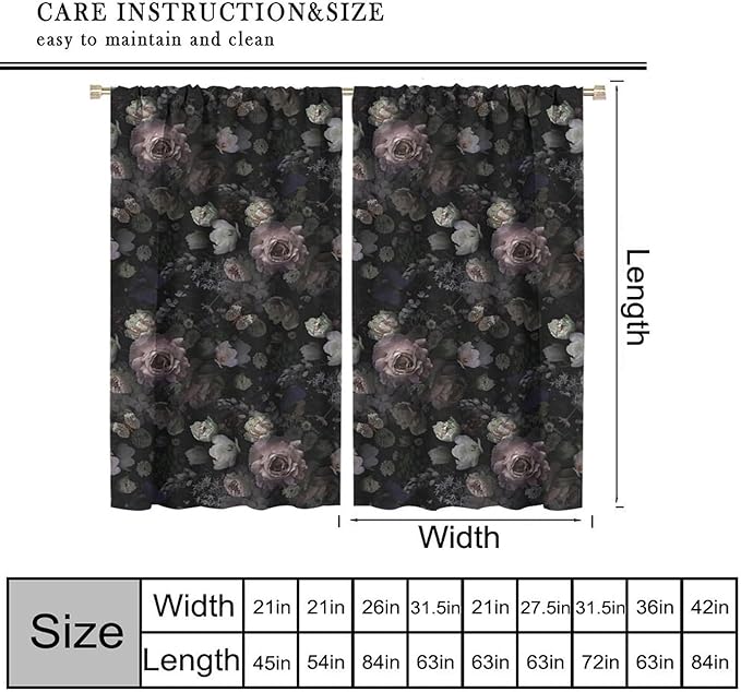 Gothic Floral Blackout Window Curtains, Retro Black Flower Rustic Watercolor Vintage Plant Boho Halloween Window Drapes, for Home Bedroom Living Room 31.5(W)*63(L) 2 Panels