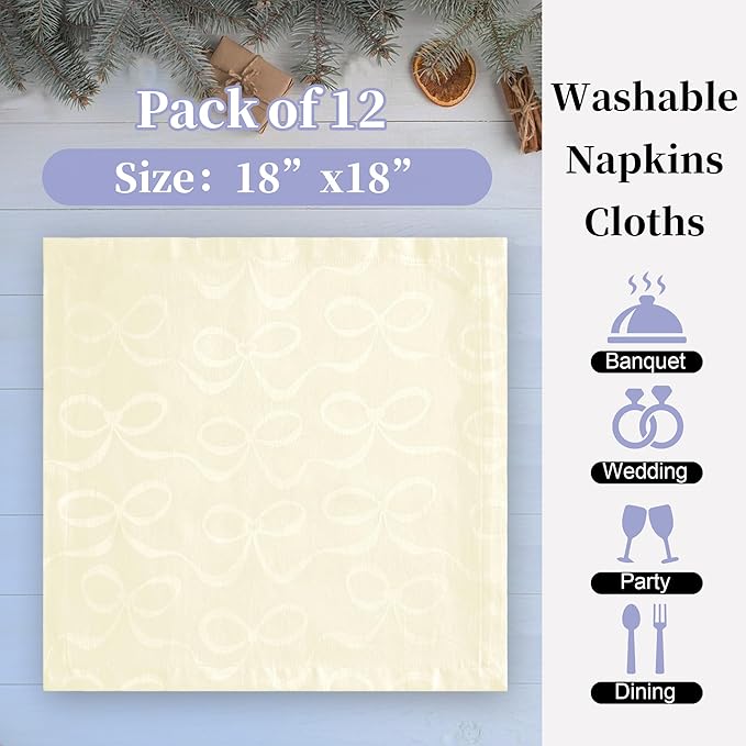 Ivory Napkins Cloth, Fabric Napkins Set of 12 (18"x18") - Cotton & Polyester, Wrinkle/Fade Resistant - Dinner Napkin Cloth Washable, Jacquard Napkin for Banquet, Party & Wedding, Champagne Bows