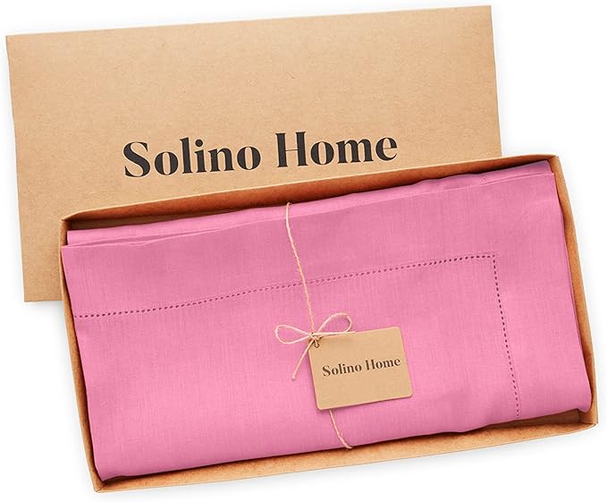Solino Home Square Linen Tablecloth 52 x 52 Inch - 100% Pure Linen Flamingo Pink Table Throw - Classic Hemstitch, Machine Washable Table Cloth