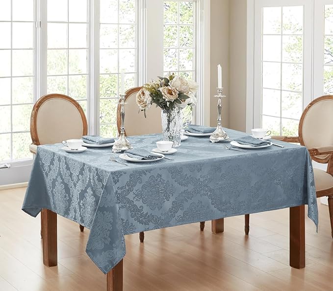 Newbridge Barcelona Damask Fabric Tablecloth, 60 x 84 Inch Rectangle, Blue – No Iron, Soil Resistant Table Cover for Dining, Parties and Holidays