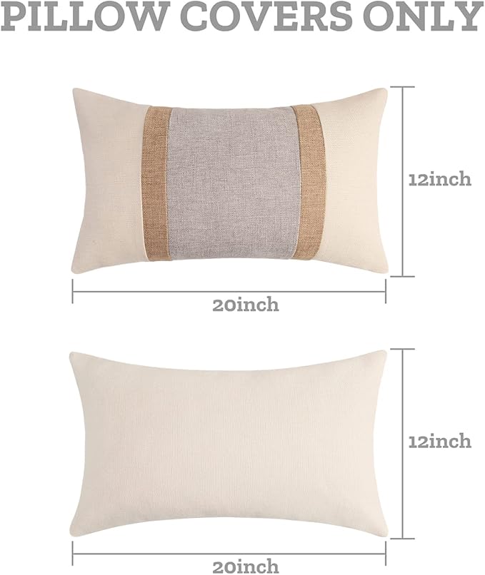 Pyonic Pack of 2 Boho Throw Pillow Covers Farmhouse Decorative Lumbar Pillowcases for Couch Sofa Living Room Outdoor Decor,Cream White and Grey,12 x 20 Inch