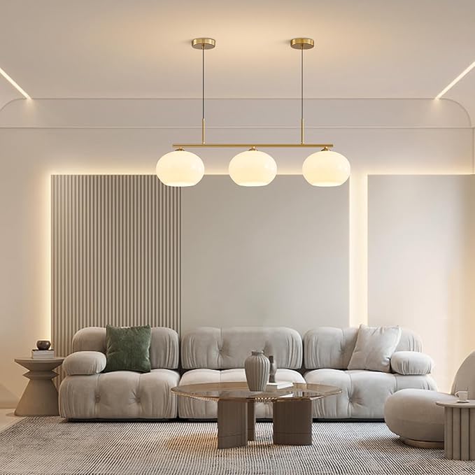 KCO Lighting 3 Light Linear Pendant Lighting Milk Glass Flush Mount Ceiling Light Brass Gold Chandelier Light Fixture Modern Globe Linear Chandelier Dining Room Dining Room Over Table
