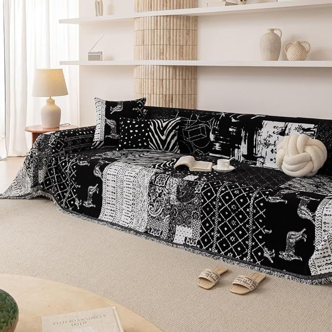 ROOMLIFE Boho Black Couch Covers for 3 Cushion Sofa, Chenille Couch Cover Sectional Sofa Cover for Dog, Washable Furniture Sofa Protector Cover Soft Blanket with Tassel for Living Room, 71 '' X 150''