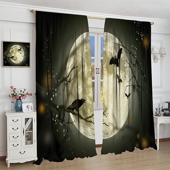 Gothic Halloween Full Moon Blackout Curtains, Gothic Halloween Night Black Bat Crow Print Window Drapes, for Kids Boys Bedroom Living Room 21(W)*45(L) 2 Panels