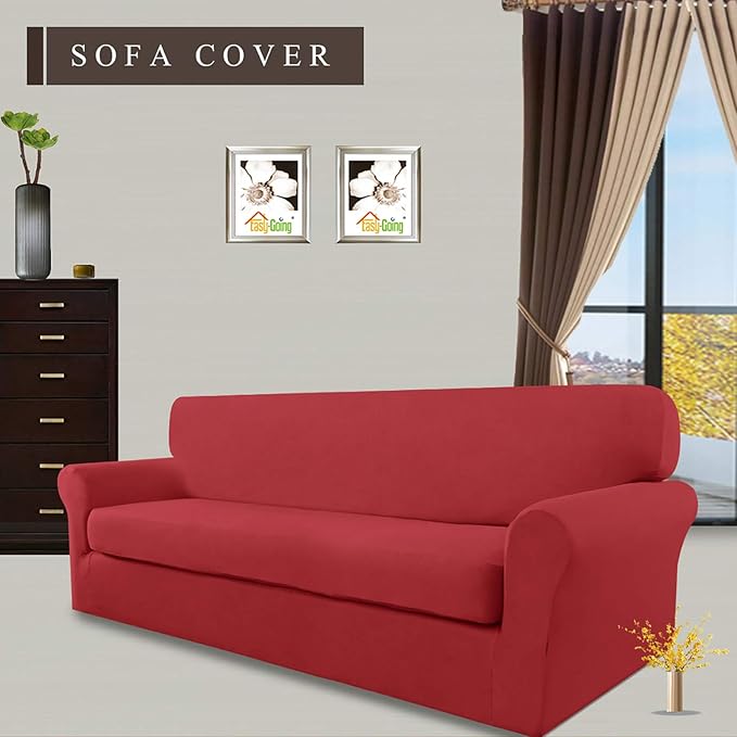 Easy-Going 2 Pieces Microfiber Stretch Sofa Slipcover – Spandex Soft Fitted Sofa Couch Cover, Washable Furniture Protector with Elastic Bottom Kids,Pet (Oversized Sofa, Christmas Red)