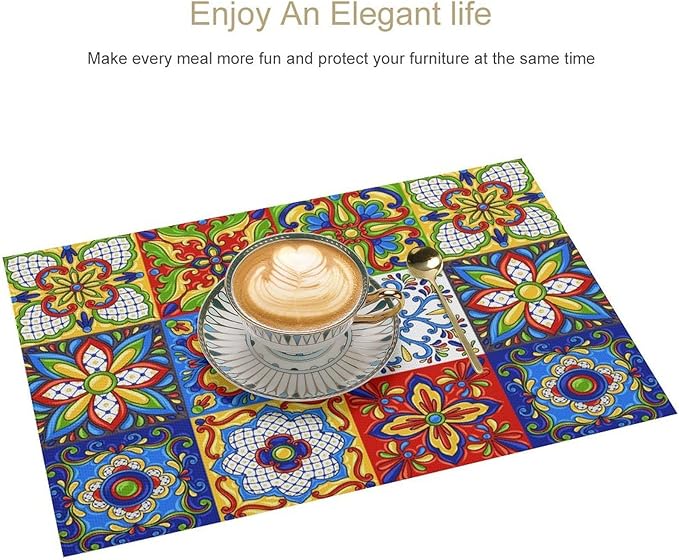 Mexican Placemat Set of 4, 12x18 Inch Rustic Colorful Talavera Ceramic Mexico Tiles Dia De Los Muertos Coffee Vintage Table Mats for Outdoor Kitchen Dining Table Decoration
