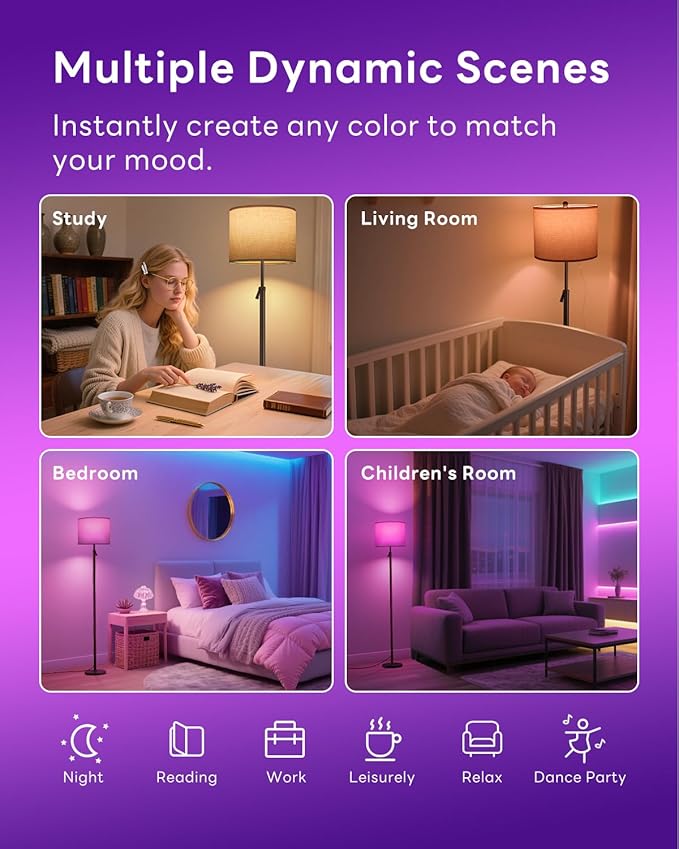 Floor Lamp for Living Room with RGBCW Color Changing Bulbs Dimmable, Adjustable Height Standing Lamp with Remote Control, 10W 1200 Lumen, Tall Lamp for Living Room, Bedroom, Office