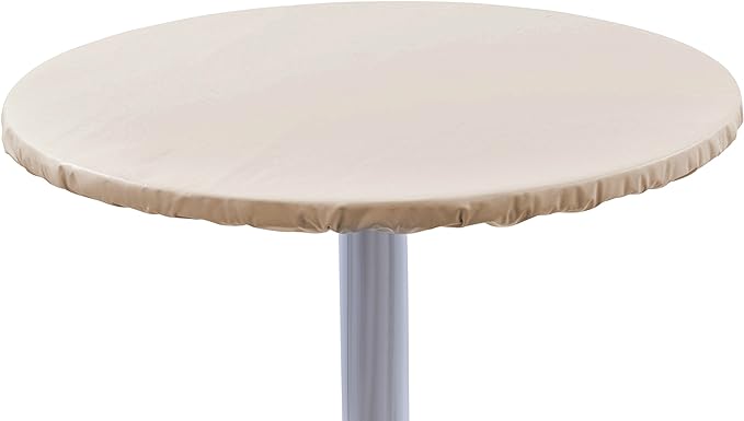 Yourtablecloth Heavy Duty Vinyl Round Fitted Tablecloth (Table Cover) with Flannel Backing Vibrant Colors Elasticized Tablecloth Great for Indoor and Outdoor Dining and Playing Cards 48” Sand