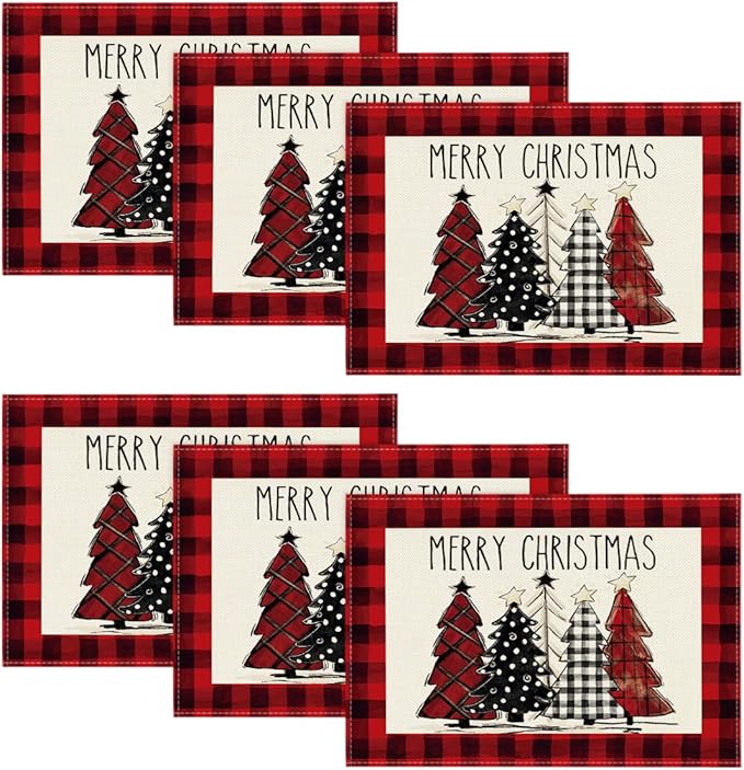 Artoid Mode Red and Black Buffalo Plaid Christmas Trees Placemats Set of 6, 12x18 Inch Winter Table Mats for Outdoor Home Party Kitchen Dining Decor